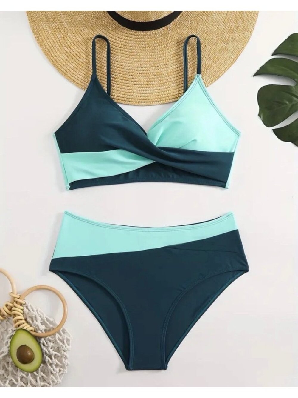 Bikini Set High Waisted Bottom & Twist Front Top Size M Green & Teal - Picture 9 of 10
